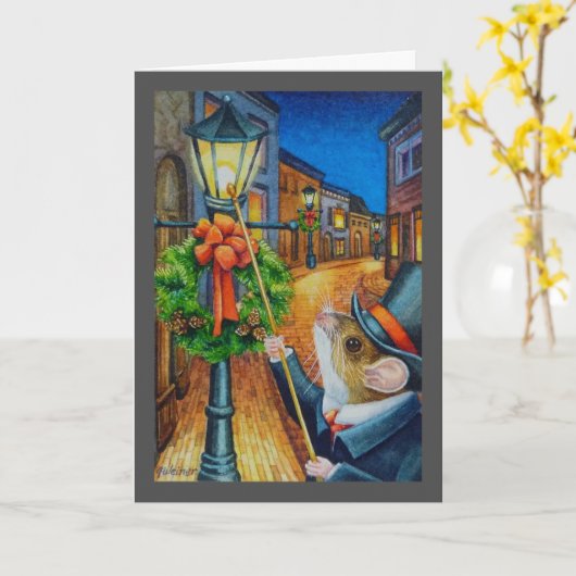 ディケンズのクリスマス ランプ点灯者 マウス 水彩画アート カード (黄色い花)