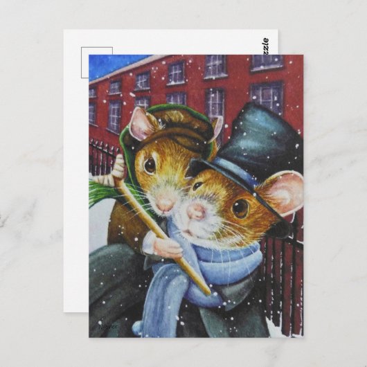 ディケンズクリスマスカロルネズミウォーターカラーアート ポストカード (正面/裏面)