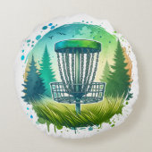 ディスクゴルフバスケットと松の木ブルーとグリーン ラウンドクッション (裏面)