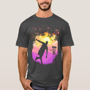 ディスクゴルフ ピクセル サンセット ツリー フレーム ディスクゴルファー アート Tシャツ