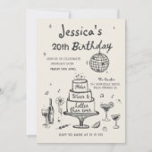 ディスコお洒落ハンドドローファンキーバースデーパーティー 招待状 (正面)