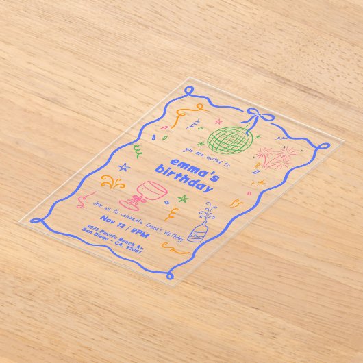 ディスコお洒落誕生日の色 アクリル招待状 (レイダウン)