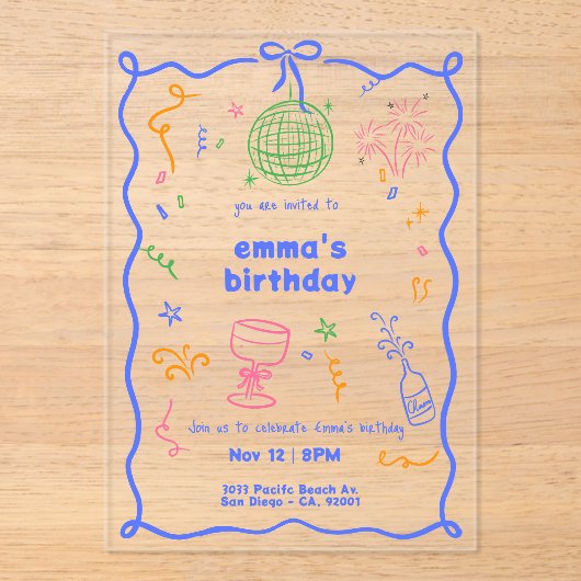 ディスコお洒落誕生日の色 アクリル招待状 (正面)