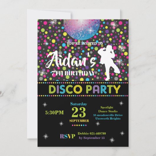ディスコのダンスの誕生日のパーティの招待状の男の子 招待状 (正面)