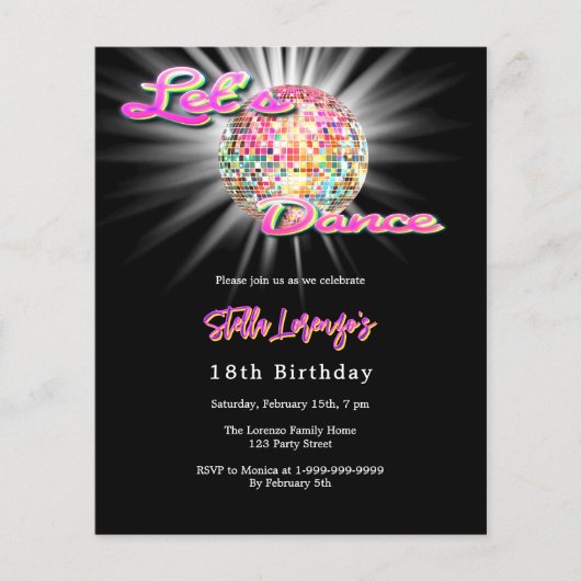 ディスコのダンスパーティーピンクの黒い誕生日の招待 (正面)