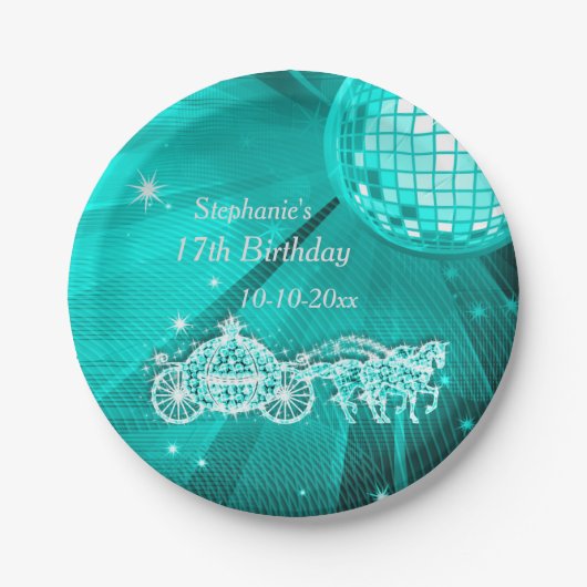 ディスコの球、プリンセスのコーチ及び馬の第17誕生日 ペーパープレート (正面)