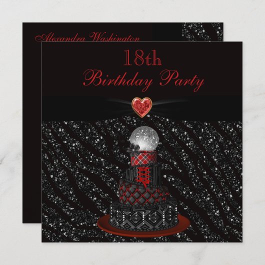 ディスコの花型女性歌手のケーキのシマウマのグリッターのプリントの第18誕生日 招待状 (正面/裏面)