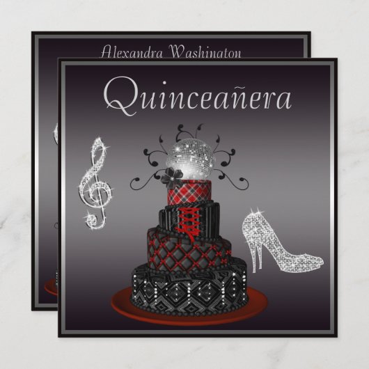 ディスコの花型女性歌手のケーキは、銀製の輝きキンセアニェラをかかとで蹴ります 招待状 (正面/裏面)