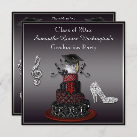 ディスコの花型女性歌手のケーキ、銀製のかかとの卒業パーティー 招待状 (正面/裏面)