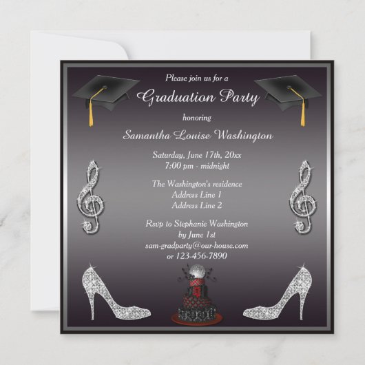 ディスコの花型女性歌手のケーキ、銀製のかかとの卒業パーティー 招待状 (裏面)