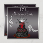 ディスコの花型女性歌手のケーキ、銀製のかかとの第17誕生日 招待状 (正面/裏面)