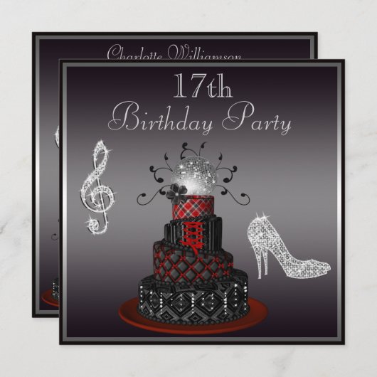 ディスコの花型女性歌手のケーキ、銀製のかかとの第17誕生日 招待状 (正面/裏面)