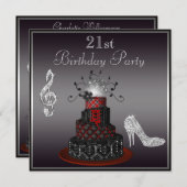 ディスコの花型女性歌手のケーキ、銀製のかかとの第21誕生日 招待状 (正面/裏面)