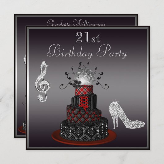 ディスコの花型女性歌手のケーキ、銀製のかかとの第21誕生日 招待状 (正面/裏面)