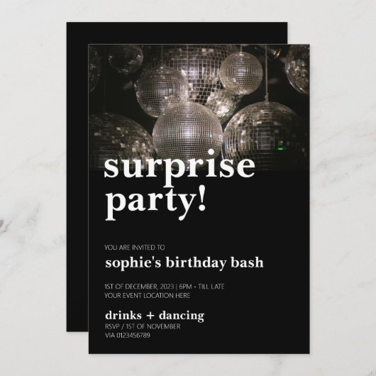 ディスコはっきりしたボールモダンサプライズバースデーパーティー 招待状 (正面/裏面)