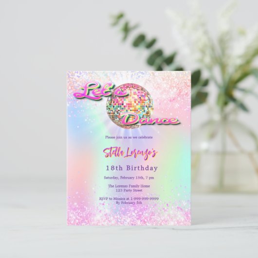 ディスコはピンクのホログラフィック誕生日の招待をダンス (スタンド正面)