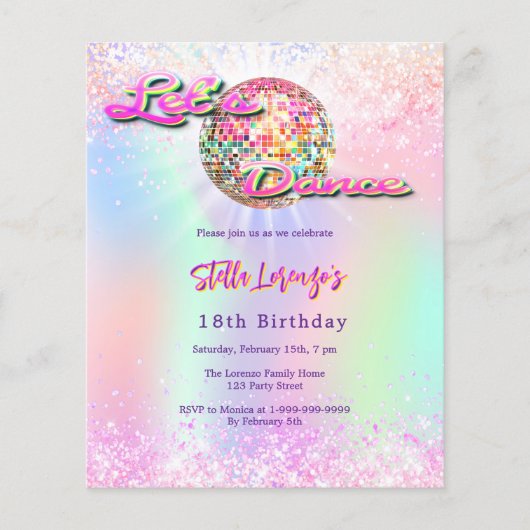 ディスコはピンクのホログラフィック誕生日の招待をダンス (正面)