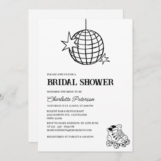 ディスコをテーマにしたブライダルシャワーでダウン&ブギー 招待状 (正面/裏面)