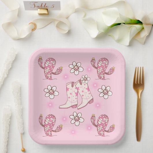 ディスコカウガールブーツカクタスと花 ペーパープレート (ウェディング)