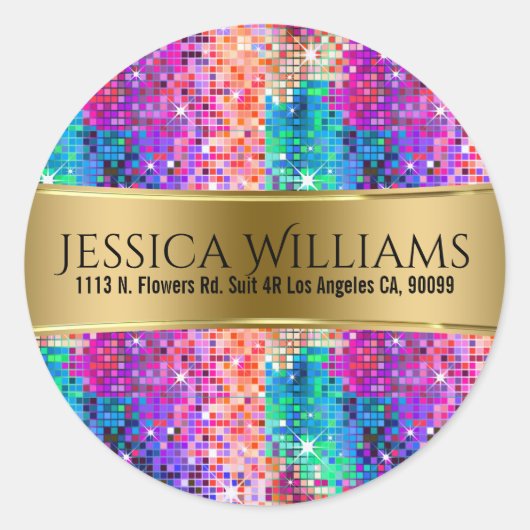 ディスコカラフルグリッターと金ゴールドテンプレート ラウンドシール (正面)