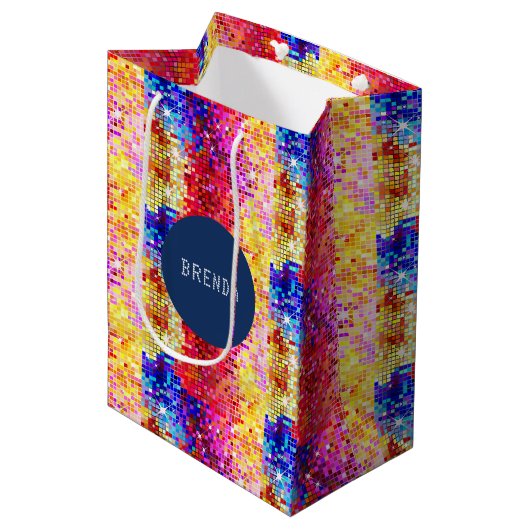 ディスコカラフルグリッター幾何学的パターン ミディアムペーパーバッグ (正面アングル)