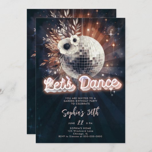 ディスコガーデンパーティー70sレトロダンス30th誕生日 招待状 (正面/裏面)