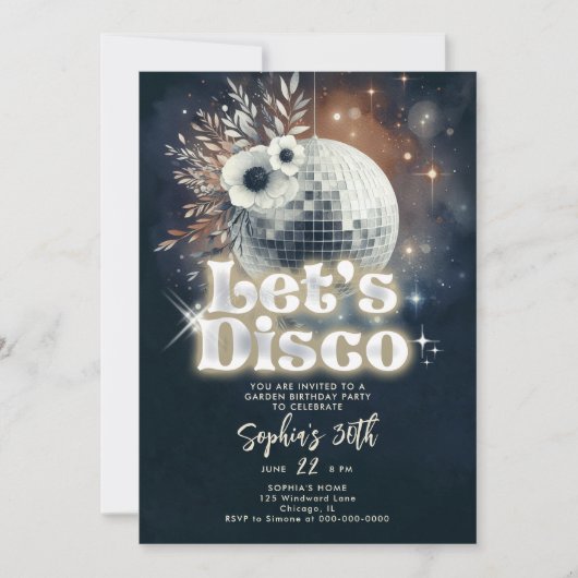 ディスコガーデンパーティー70sレトロブラック30th誕生日 招待状 (正面)