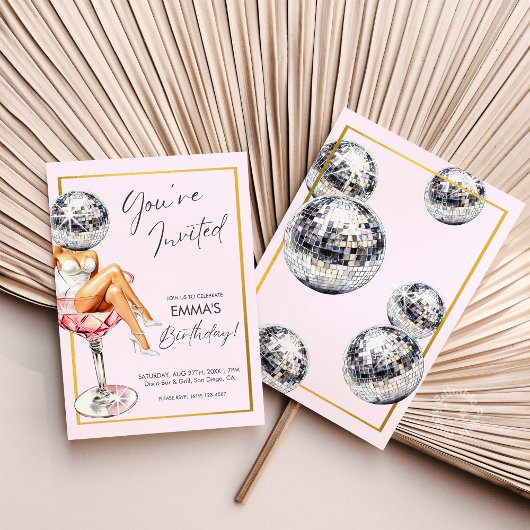 ディスコガールインカクテルグラス誕生日招待状 招待状