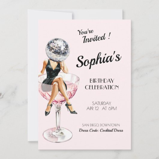 ディスコガールインマルティニガラス誕生日招待状 招待状 (正面)