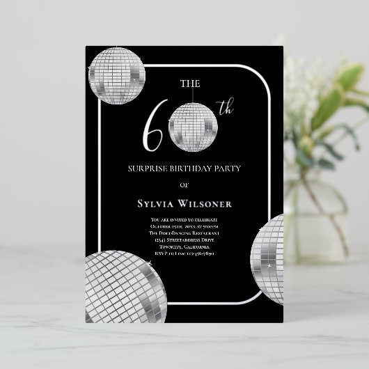 ディスコサプライズ60th誕生日パーティー 箔招待状 (立ち正面)