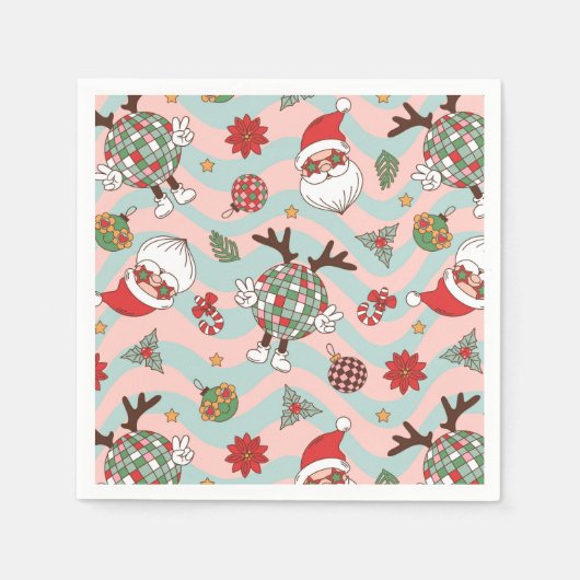 ディスコサンタ&トナカイのホリデーパターン スタンダードカクテルナプキン (正面)