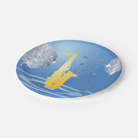 ディスコジャズサックスきらめく鏡ボール ペーパープレート (アングル)