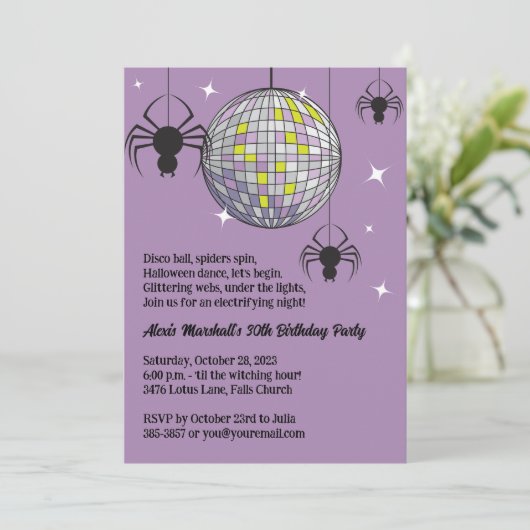 ディスコスパイダースハロウィンパープルレトロ衣装パーティー 招待状 (スタンド正面)