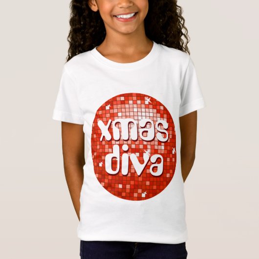 ディスコタイル赤'クリスマスdiva'女の子は白にフィット tシャツ (正面)