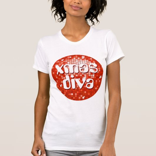 ディスコタイル赤'クリスマスdiva'女性小柄ホワイト tシャツ (正面)