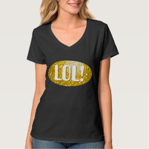 ディスコタイル金ゴールド'LOL!'レディースVネックブラック Tシャツ