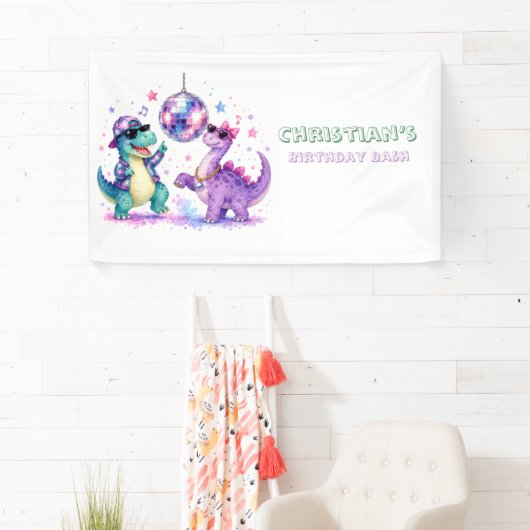 ディスコダイナソーの水彩画 バースデーパーティー 横断幕 (インサイチュ)