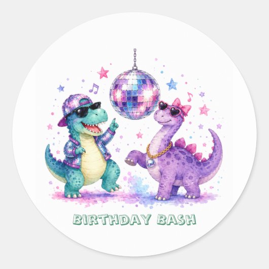 ディスコダイナソーの水彩画 誕生日パーティー ラウンドシール (正面)