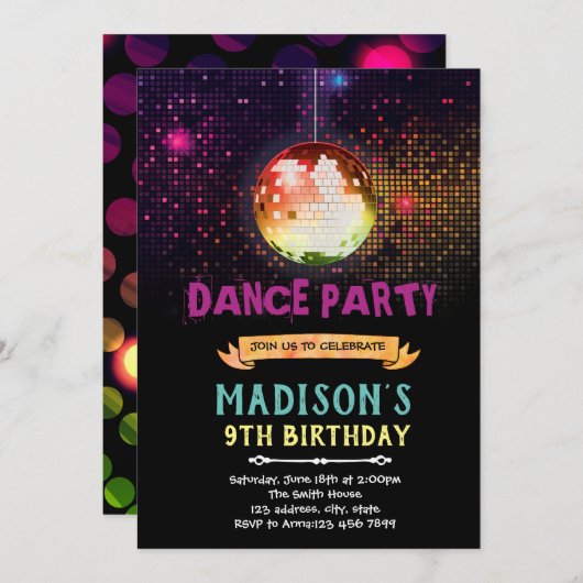 ディスコダンスの誕生日パーティーの招待 招待状 (正面/裏面)