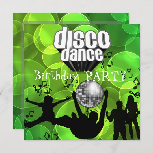 ディスコダンスバースデーパーティーレトロライムバブル 招待状 (正面/裏面)