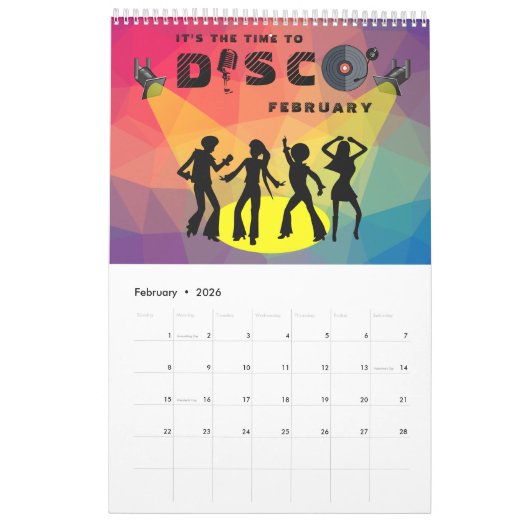 ディスコダンスフロア数々のレトロカラーお祝い カレンダー (2月 2026)