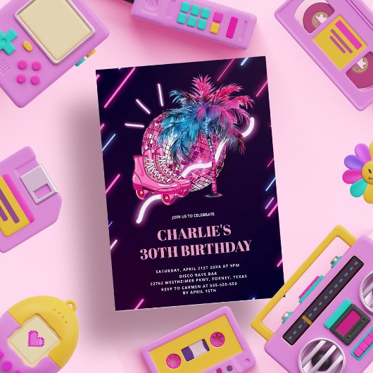 ディスコネオンパーティーピンクレトロ誕生日 招待状