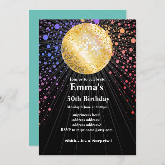 ディスコパーティーダンスパーティー70s金ゴールドディスコボール 招待状 (正面/裏面)