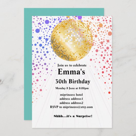 ディスコパーティーダンスパーティー70s金ゴールドディスコボール 招待状 (正面/裏面)