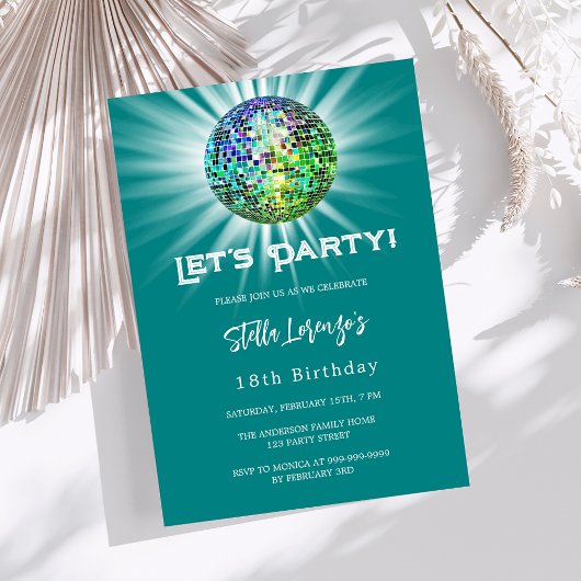 ディスコパーティーティール(緑がかった色)グリーン誕生日 招待状