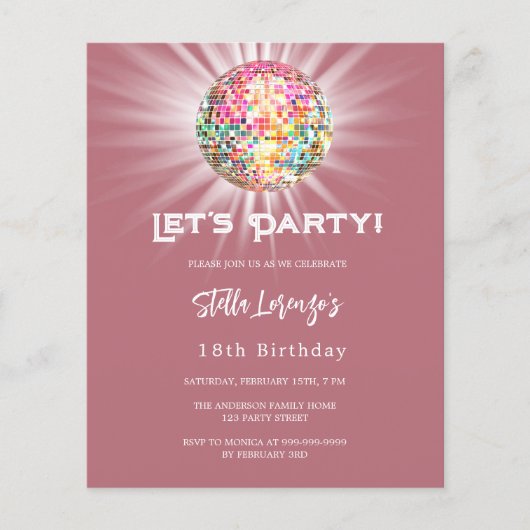 ディスコパーティーバラ金ゴールド誕生日の招待 (正面)