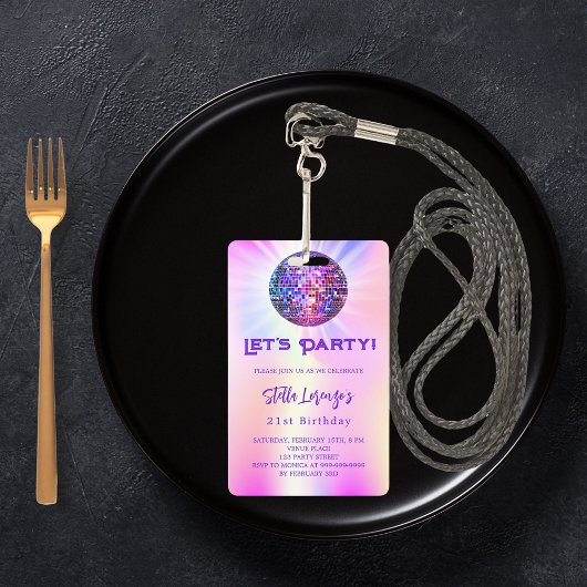 ディスコパーティーピンクのホログラフィック誕生日の招待 バッジ