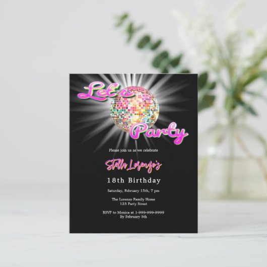ディスコパーティーピンクの黒い誕生日の招待状 (スタンド正面)