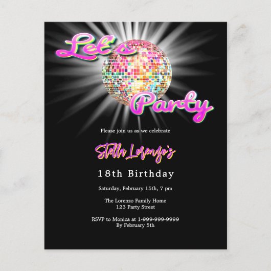 ディスコパーティーピンクの黒い誕生日の招待状 (正面)
