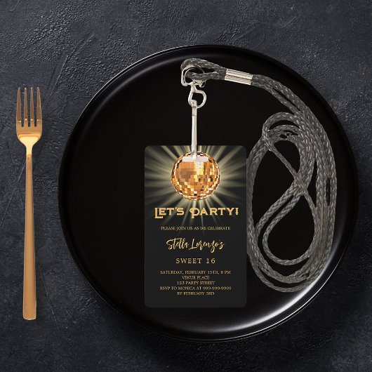 ディスコパーティーブラック金ゴールドスウィート16招待 バッジ